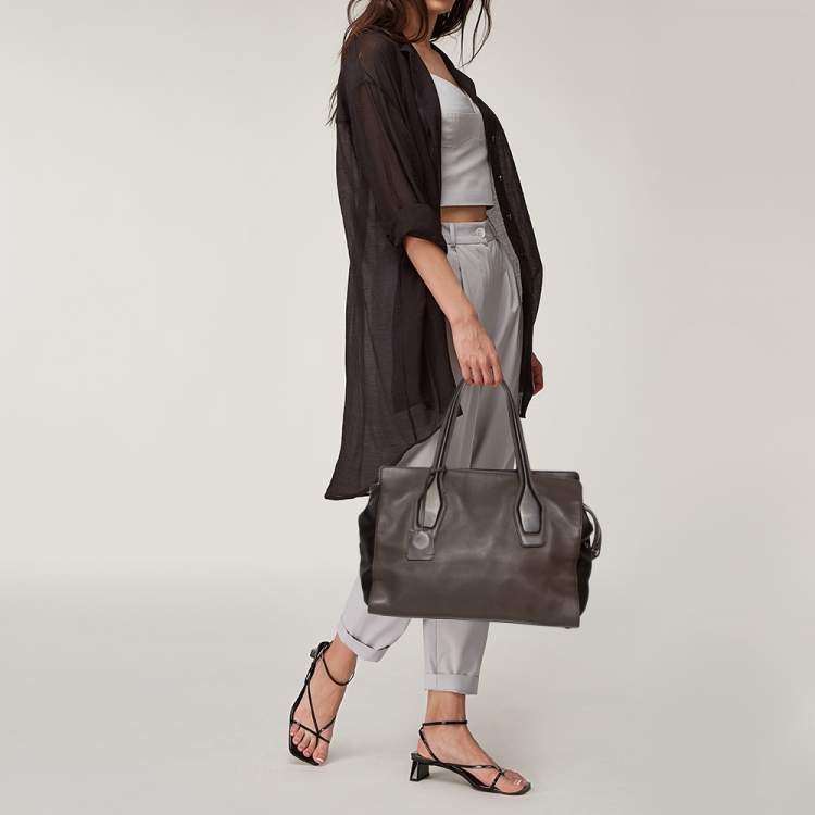 Pre Owned Tod's Dark Brown/Grey Leather Zip Tote
