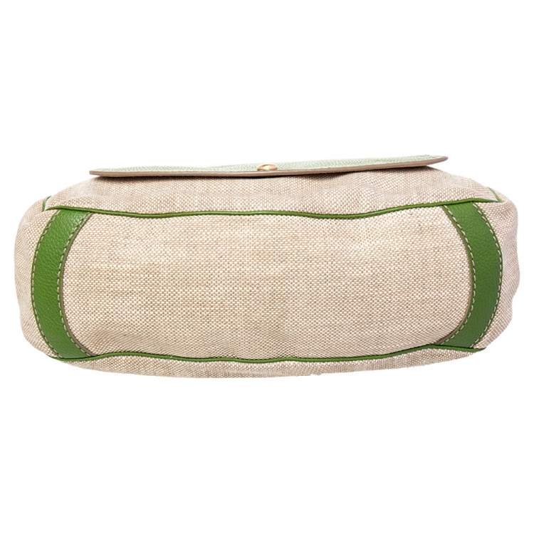 Pre Owned Tod's Beige /Green Canvas And Leather Hobo