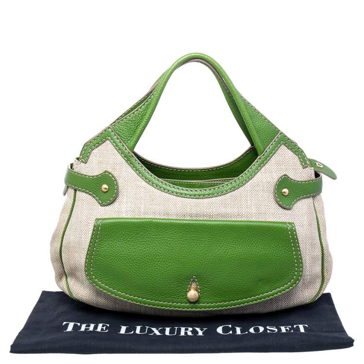 Pre Owned Tod's Beige /Green Canvas And Leather Hobo