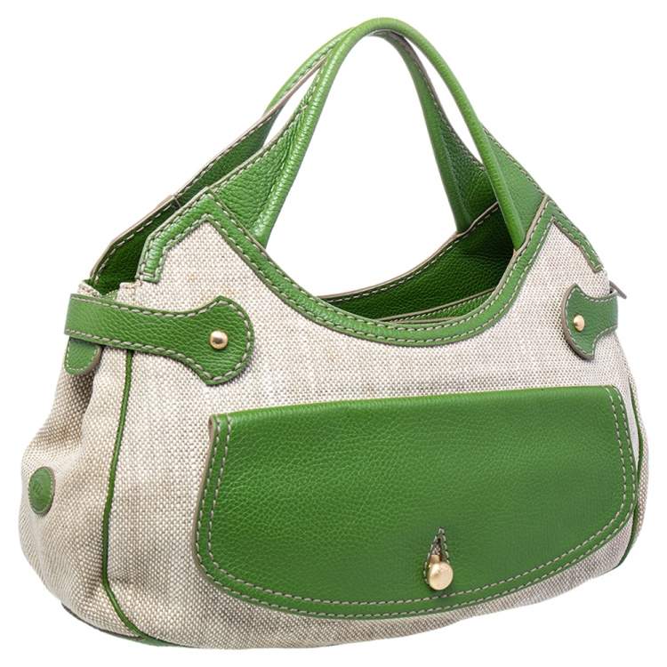 Pre Owned Tod's Beige /Green Canvas And Leather Hobo