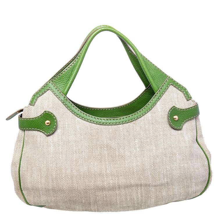 Pre Owned Tod's Beige /Green Canvas And Leather Hobo