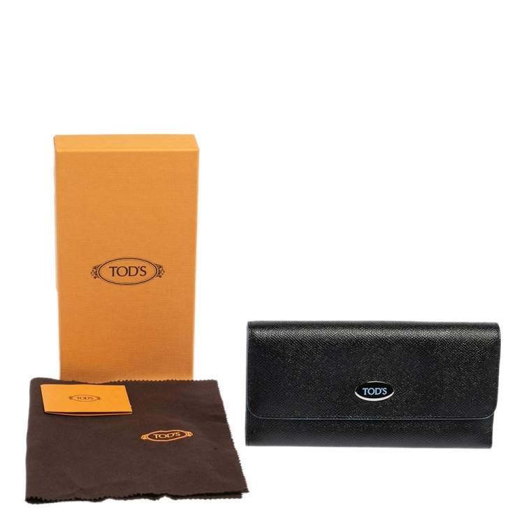 Pre Owned Tod's Black Leather Plaque Logo Continental Flap Wallet
