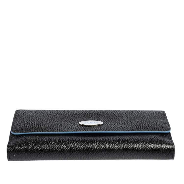 Pre Owned Tod's Black Leather Plaque Logo Continental Flap Wallet