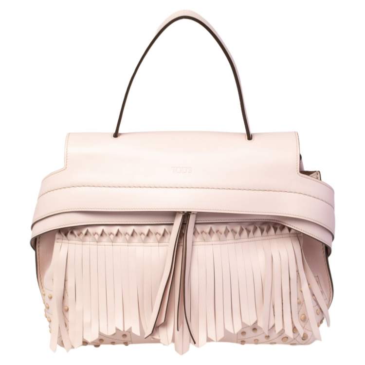 Pre Owned Tod's Light Pink Leather Origami Fringed Top Handle Bag