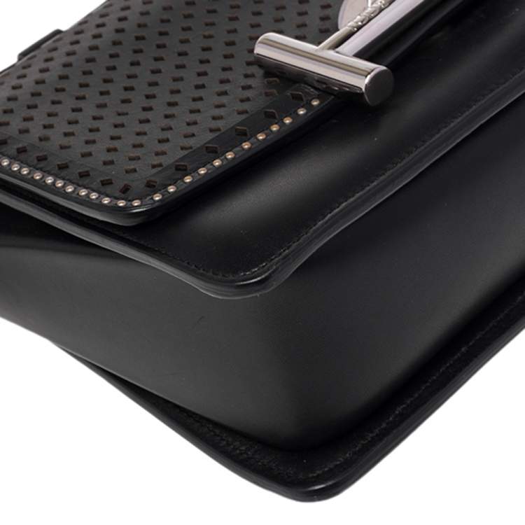 Pre Owned Tod's Black Perforated Leather Double T Crossbody Bag