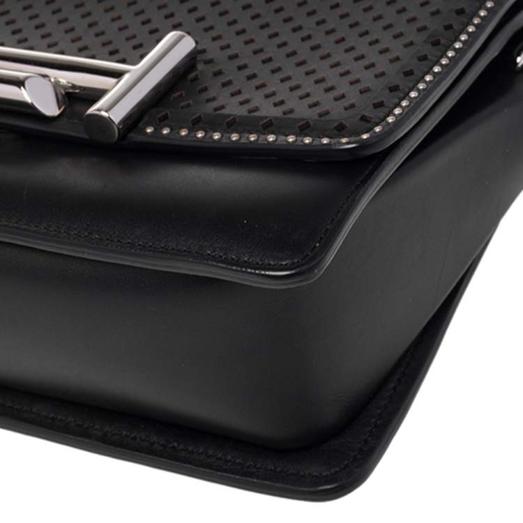Pre Owned Tod's Black Perforated Leather Double T Crossbody Bag