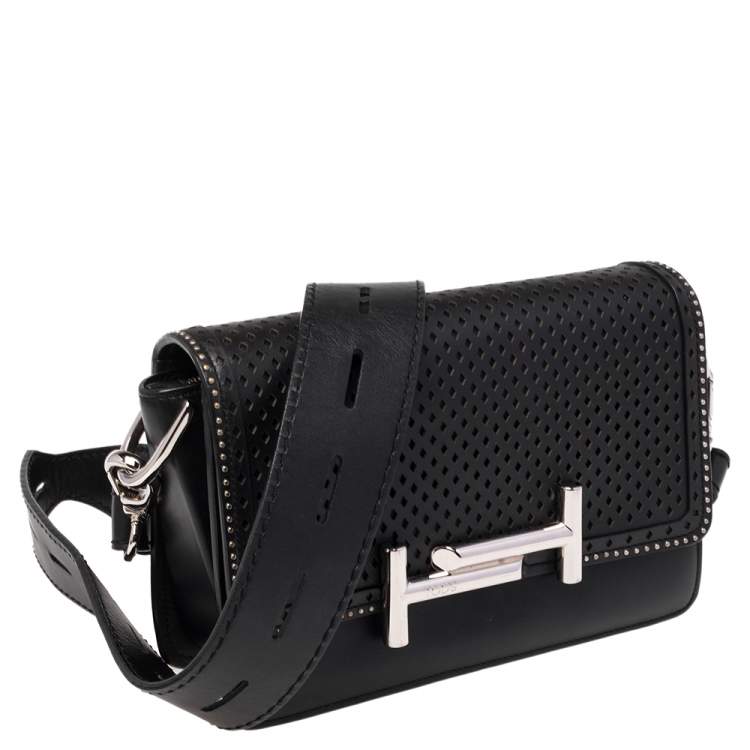 Pre Owned Tod's Black Perforated Leather Double T Crossbody Bag