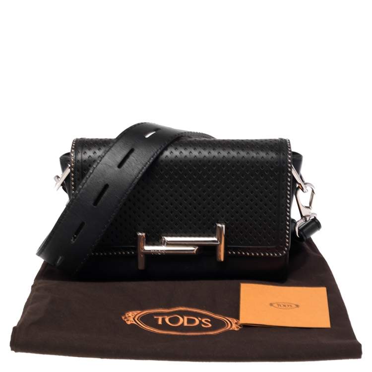 Pre Owned Tod's Black Perforated Leather Double T Crossbody Bag