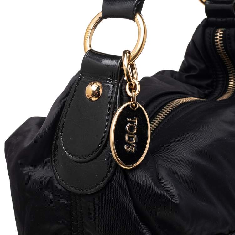Pre Owned Tod's Black Patent Leather And Nylon Pashmy Hobo