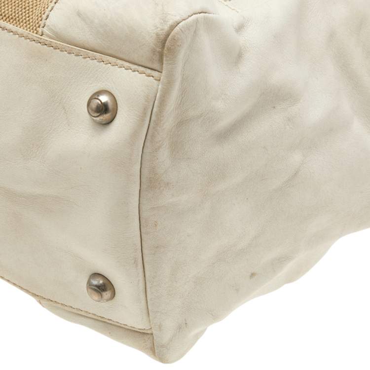 Pre Owned Tod's Beige/ Off White Leather And Canvas Satchel 