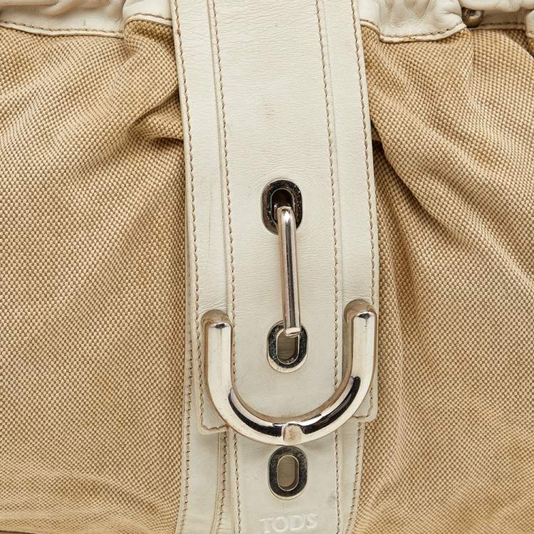 Pre Owned Tod's Beige/ Off White Leather And Canvas Satchel 