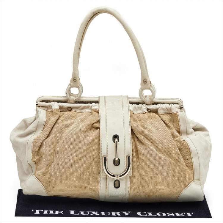 Pre Owned Tod's Beige/ Off White Leather And Canvas Satchel 