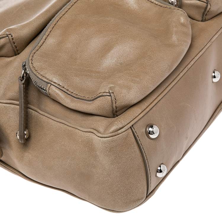 Pre Owned Tod's Khaki Beige Leather Multi Pocket Satchel