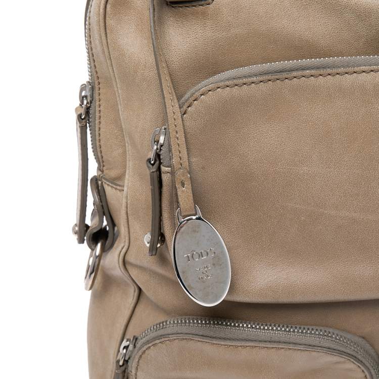 Pre Owned Tod's Khaki Beige Leather Multi Pocket Satchel