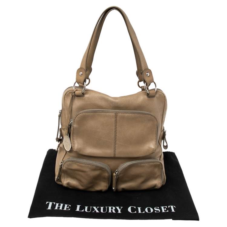 Pre Owned Tod's Khaki Beige Leather Multi Pocket Satchel