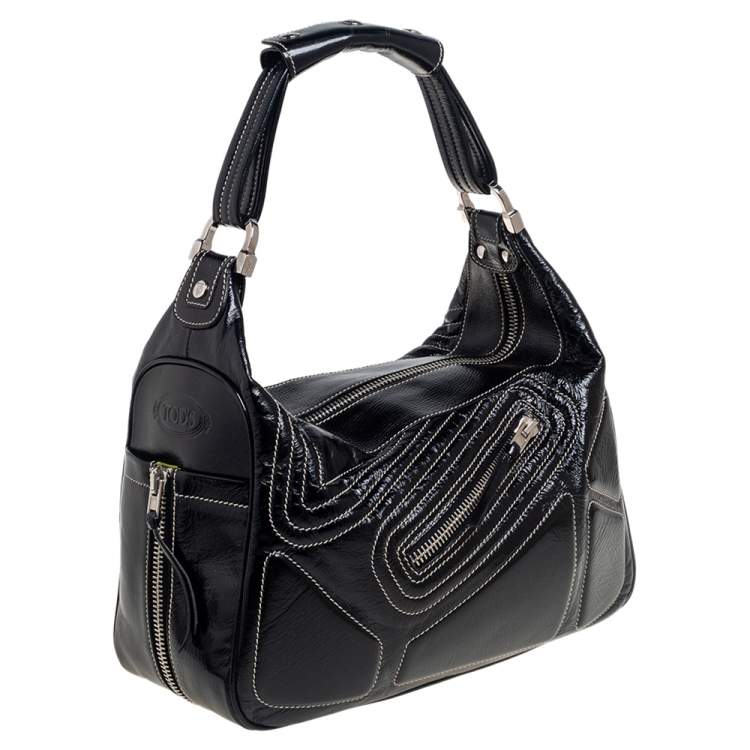 Pre Owned Tod's Black Patent Leather Side Pocket Hobo 