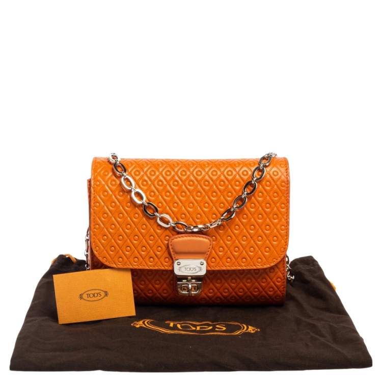 Pre Owned Tod's Orange Signature Embossed Leather Flap Shoulder Bag