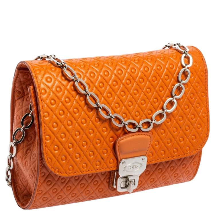 Pre Owned Tod's Orange Signature Embossed Leather Flap Shoulder Bag