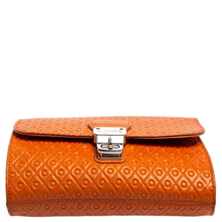 Pre Owned Tod's Orange Signature Embossed Leather Flap Shoulder Bag