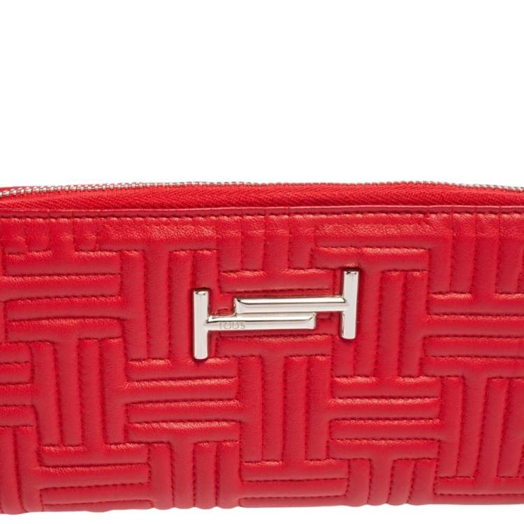 Pre Owned Tod's Red Leather Double T Zip Around Continental Wallet