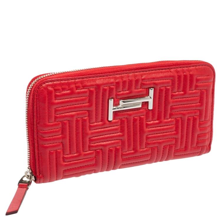 Pre Owned Tod's Red Leather Double T Zip Around Continental Wallet
