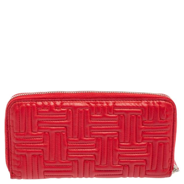 Pre Owned Tod's Red Leather Double T Zip Around Continental Wallet