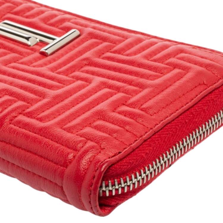 Pre Owned Tod's Red Leather Double T Zip Around Continental Wallet