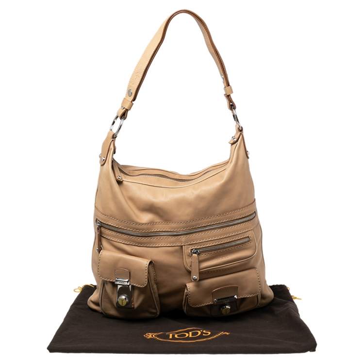 Pre Owned Tod's Beige Leather Took Tracolla Media Hobo Bag