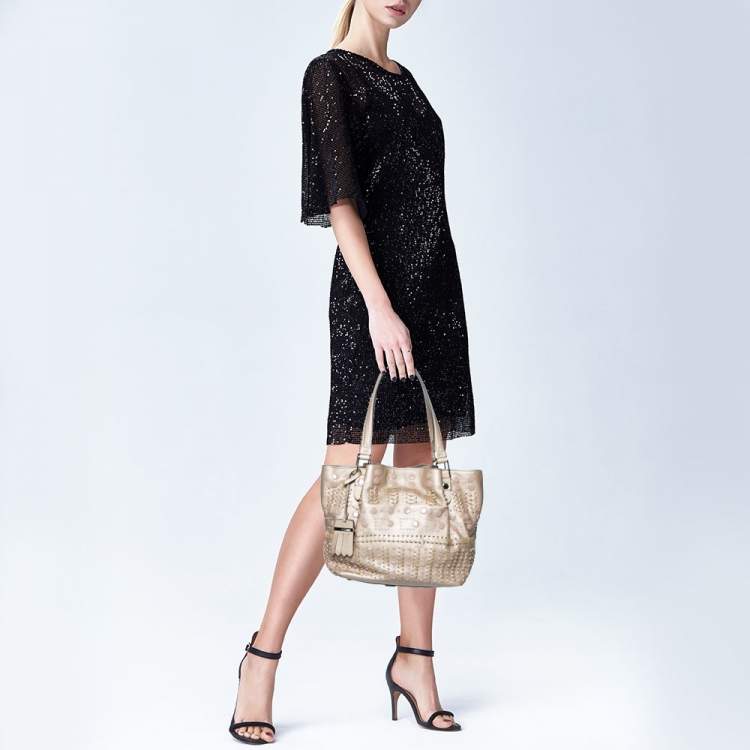 Pre Owned Tod's Metallic Beige Leather Studded Flower Tote