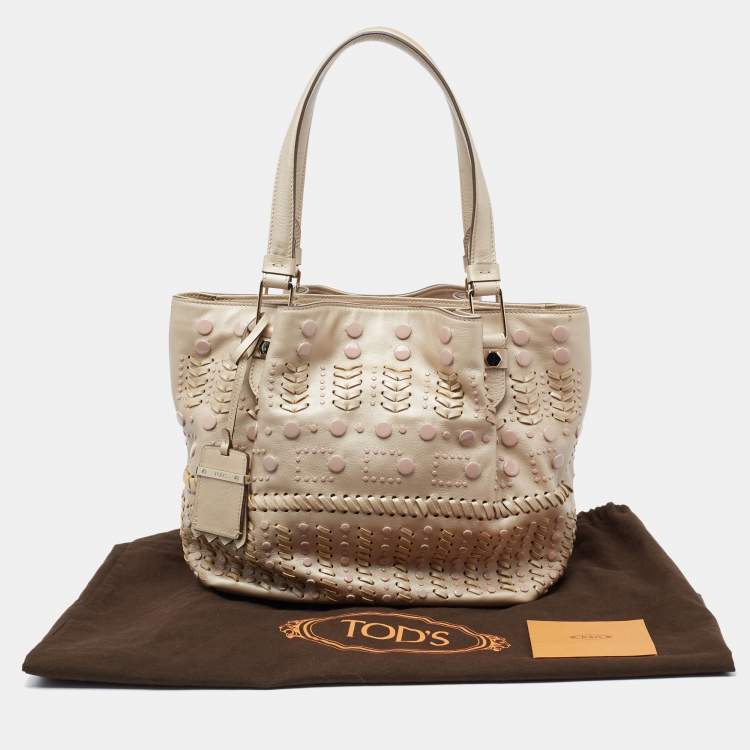 Pre Owned Tod's Metallic Beige Leather Studded Flower Tote