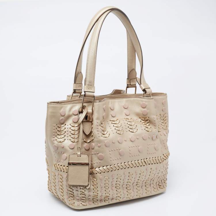 Pre Owned Tod's Metallic Beige Leather Studded Flower Tote