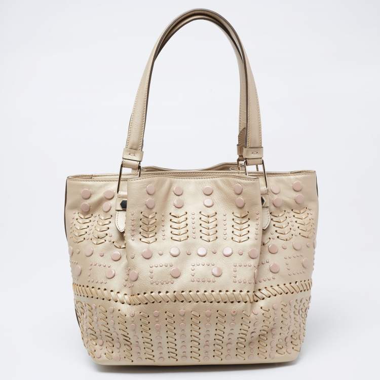 Pre Owned Tod's Metallic Beige Leather Studded Flower Tote