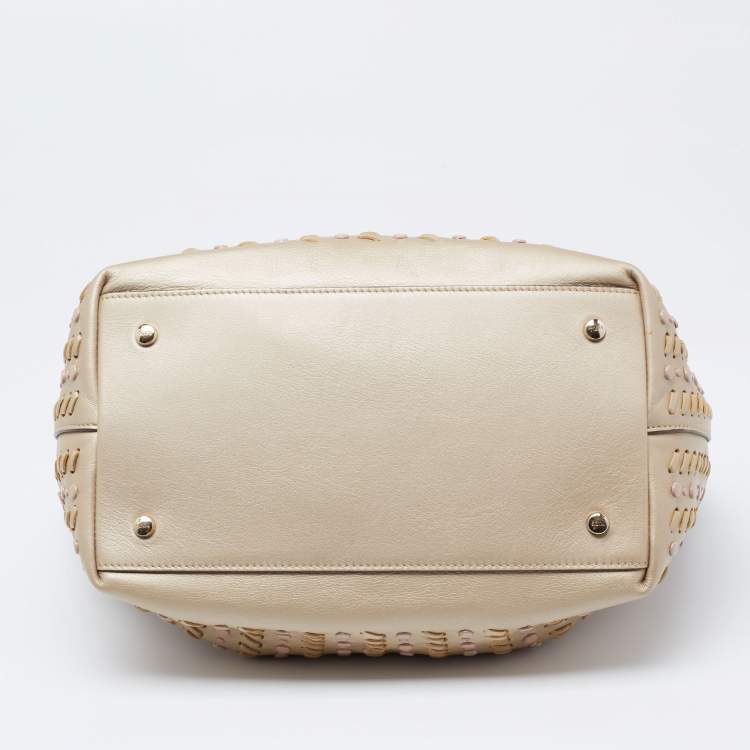 Pre Owned Tod's Metallic Beige Leather Studded Flower Tote