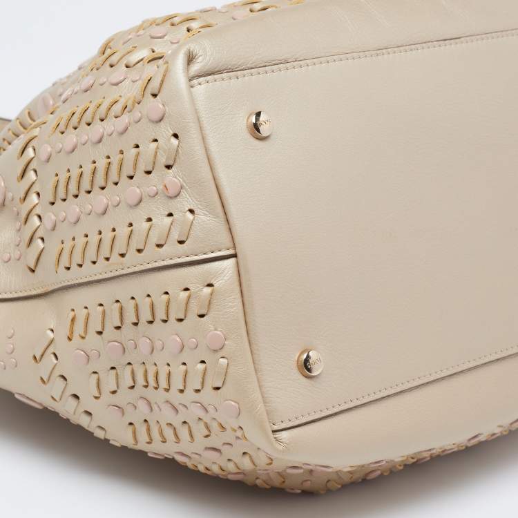 Pre Owned Tod's Metallic Beige Leather Studded Flower Tote