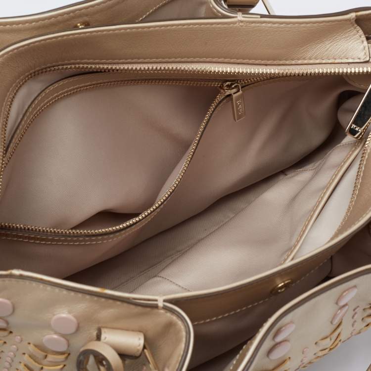 Pre Owned Tod's Metallic Beige Leather Studded Flower Tote