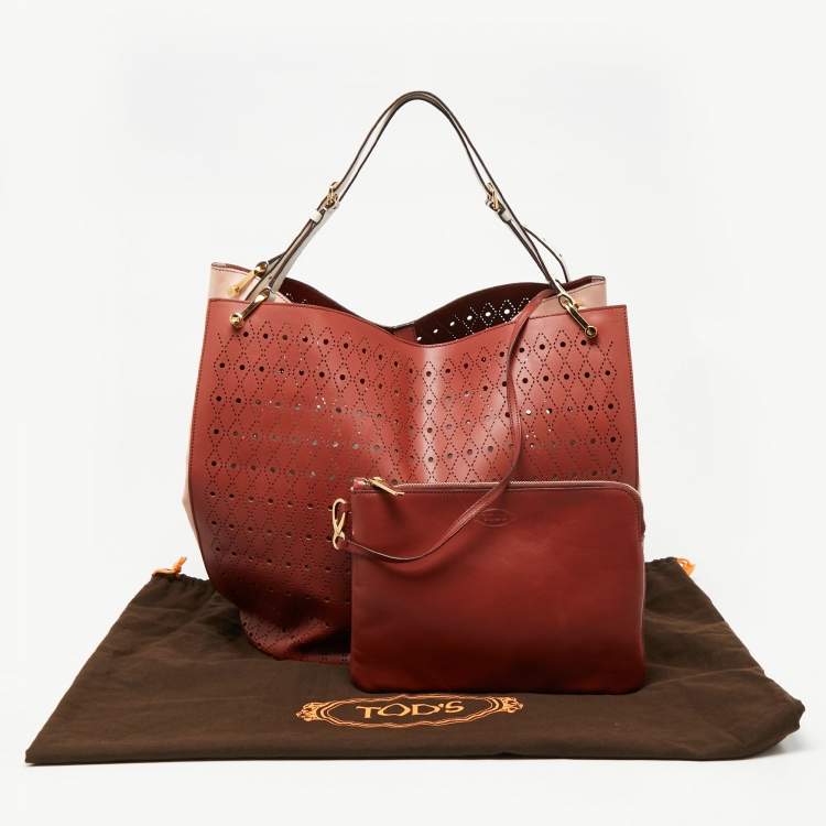 Pre Owned Tod's Red/White Laser Cut Leather Medium Flower Tote