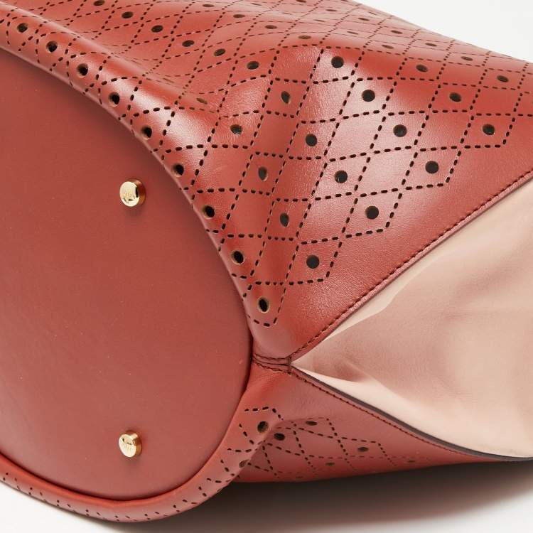 Pre Owned Tod's Red/White Laser Cut Leather Medium Flower Tote