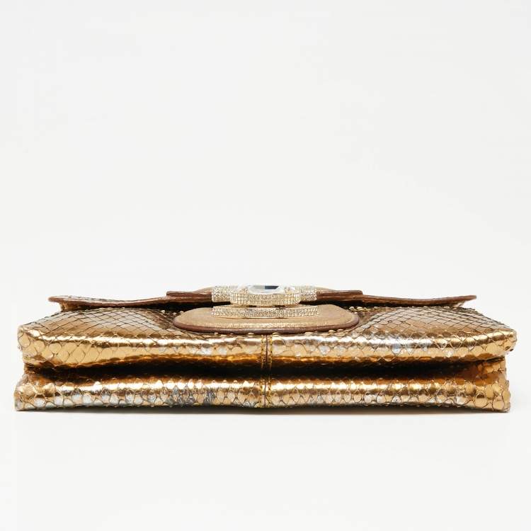Pre Owned Tod's Metallic Gold Snakeskin and Leather Flap Baguette 