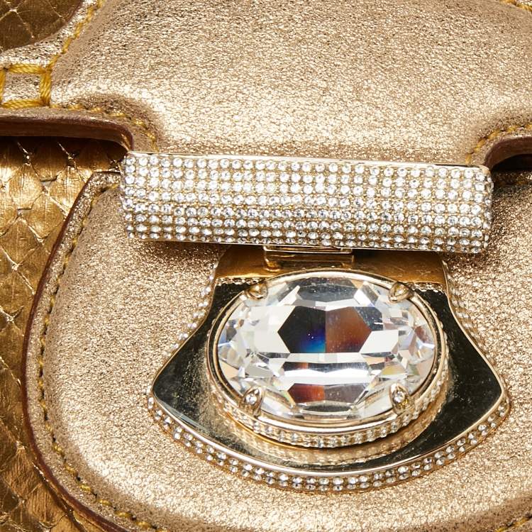 Pre Owned Tod's Metallic Gold Snakeskin and Leather Flap Baguette 