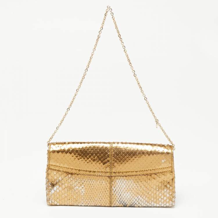 Pre Owned Tod's Metallic Gold Snakeskin and Leather Flap Baguette 