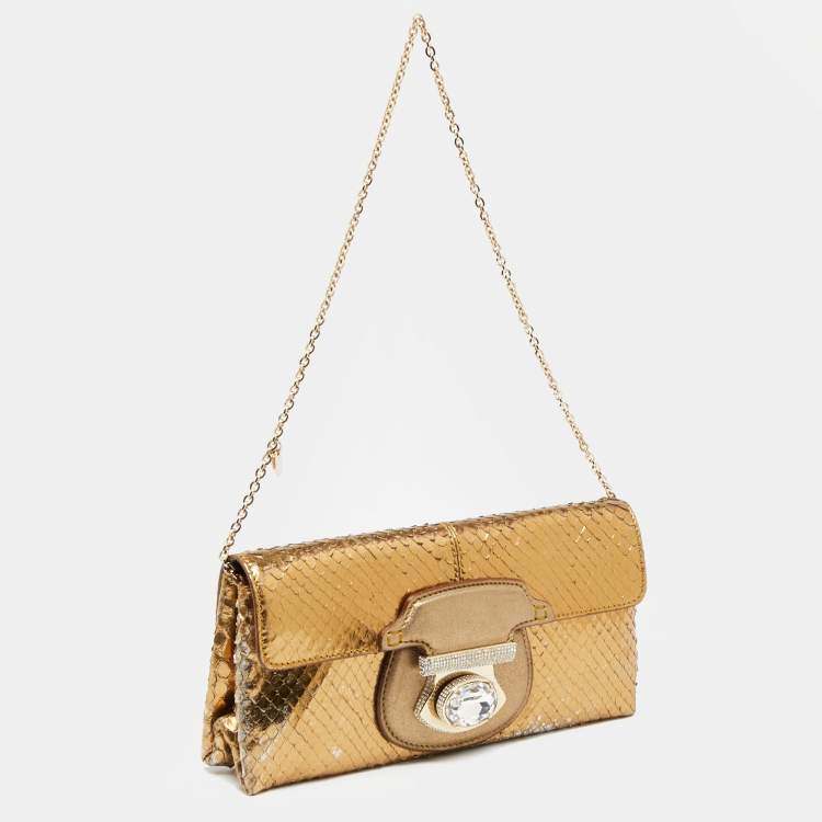 Pre Owned Tod's Metallic Gold Snakeskin and Leather Flap Baguette 