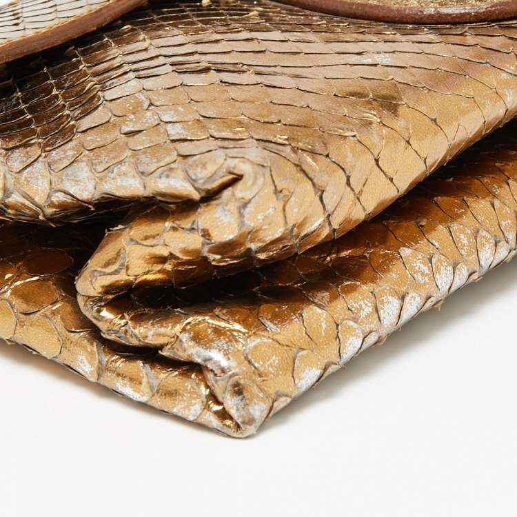 Pre Owned Tod's Metallic Gold Snakeskin and Leather Flap Baguette 