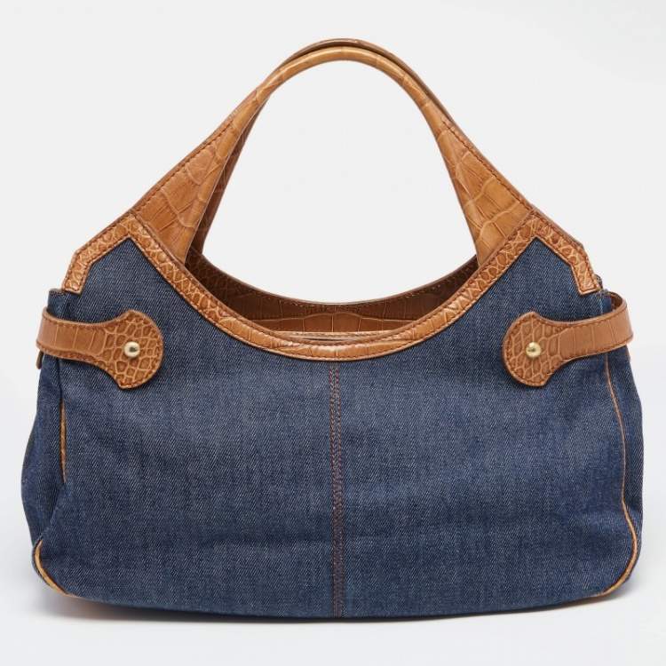 مملوكة مسبقًا Tod's Blue/Brown Denim and Croc Embossed Leather Front Pocket Hobo