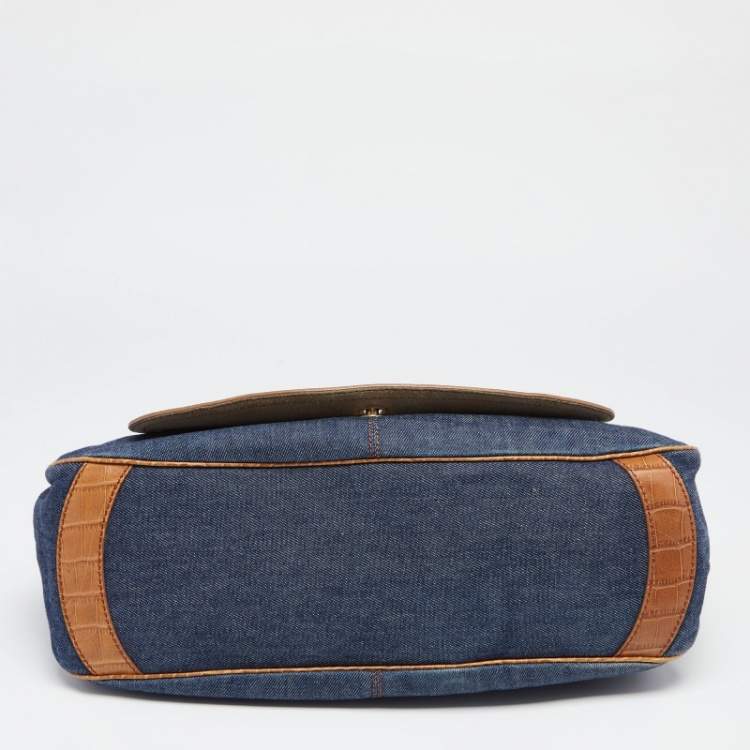 مملوكة مسبقًا Tod's Blue/Brown Denim and Croc Embossed Leather Front Pocket Hobo