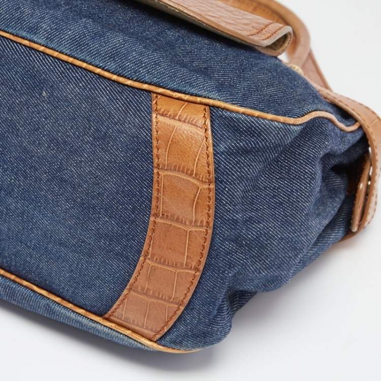 مملوكة مسبقًا Tod's Blue/Brown Denim and Croc Embossed Leather Front Pocket Hobo