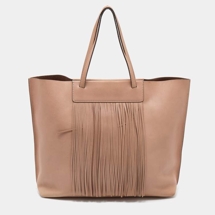 Pre Owned Tod's Beige Leather Fringe Media Shopper Tote