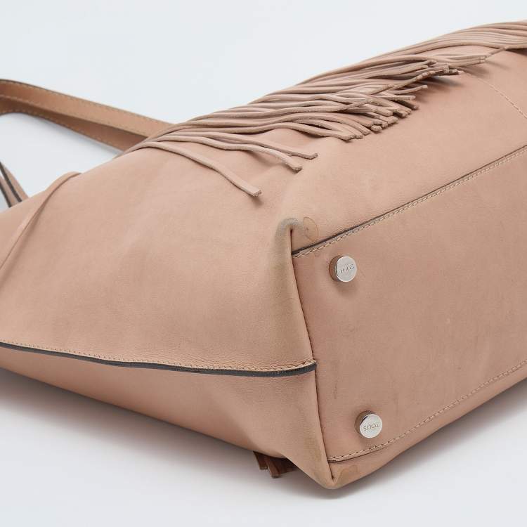 Pre Owned Tod's Beige Leather Fringe Media Shopper Tote