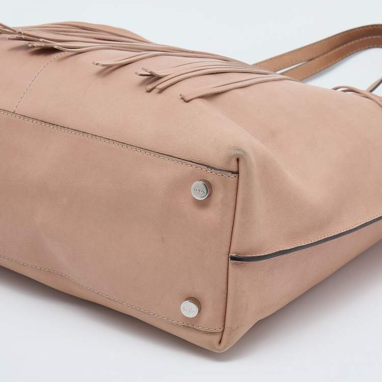 Pre Owned Tod's Beige Leather Fringe Media Shopper Tote