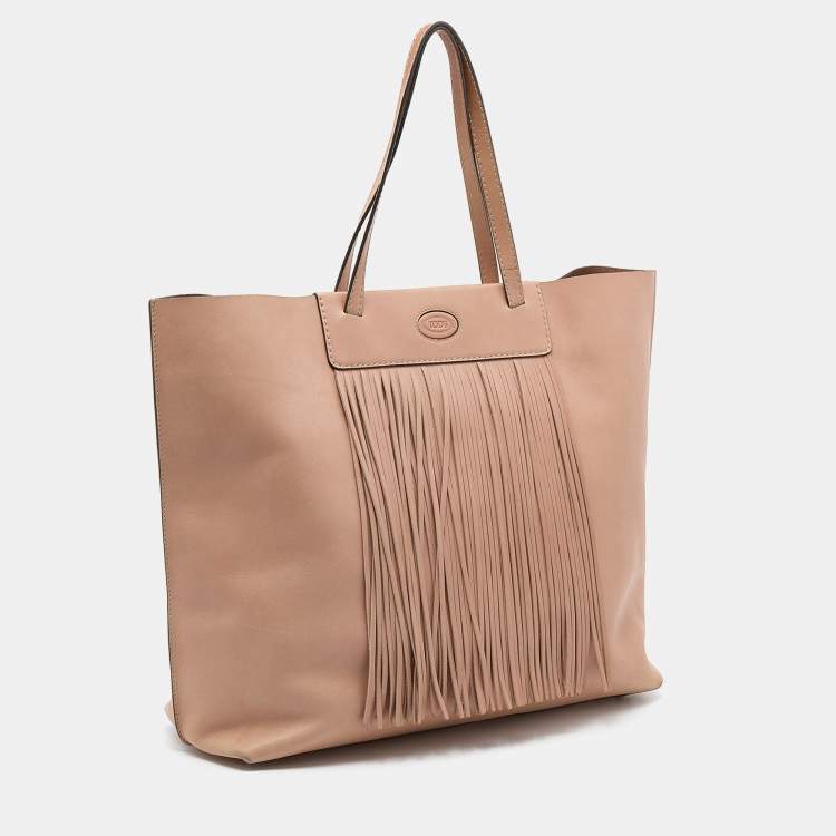 Pre Owned Tod's Beige Leather Fringe Media Shopper Tote