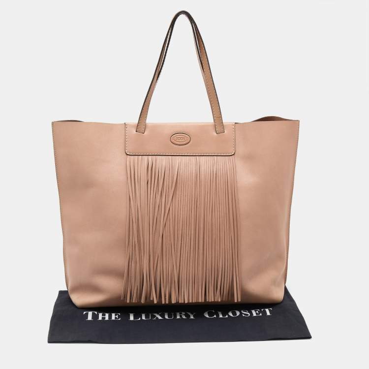 Pre Owned Tod's Beige Leather Fringe Media Shopper Tote